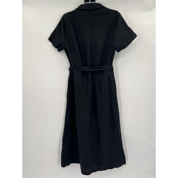 Quince Women's Black Linen Button Front Dress sz M Midi A-Line Belt Short Sleeve - Picture 9 of 9